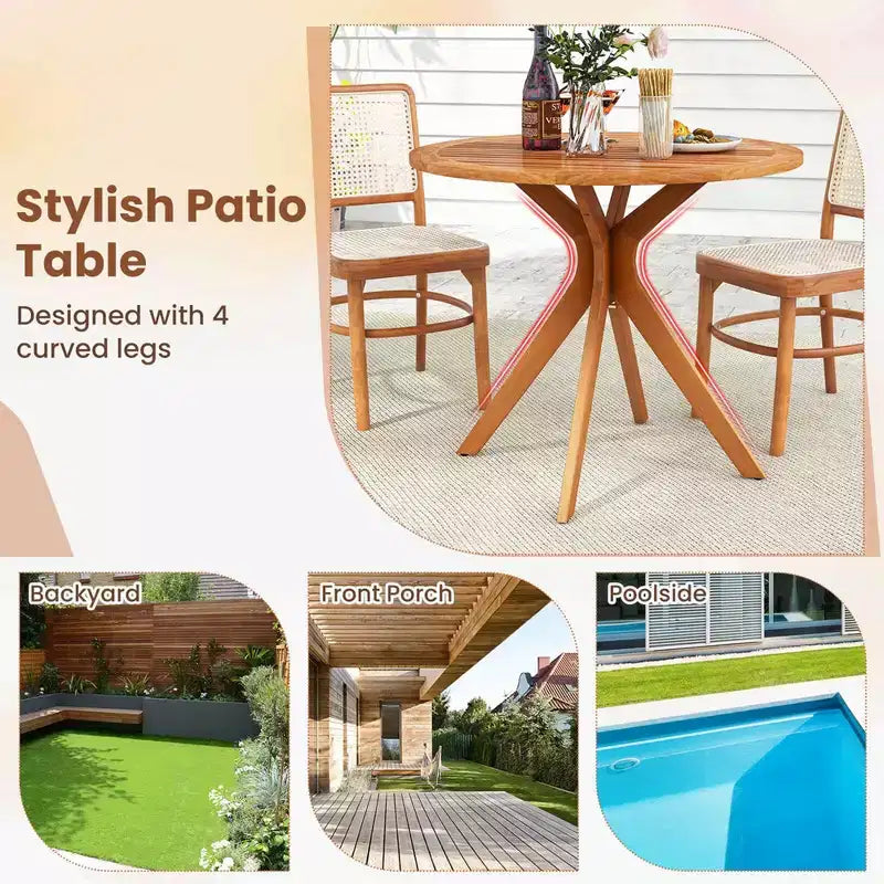 35.5" Round Patio Wood Dining Table with Slatted Tabletop and Curved Legs