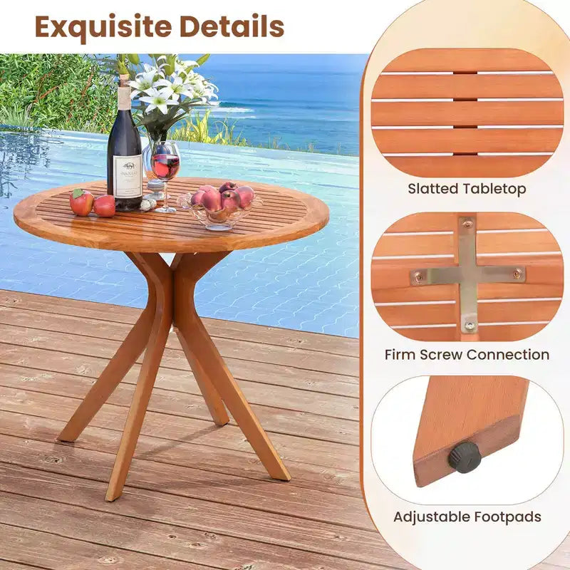 35.5" Round Patio Wood Dining Table with Slatted Tabletop and Curved Legs