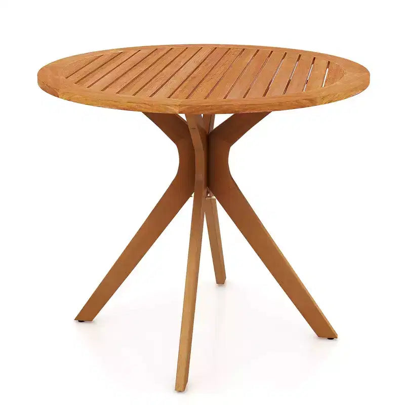 35.5" Round Patio Wood Dining Table with Slatted Tabletop and Curved Legs