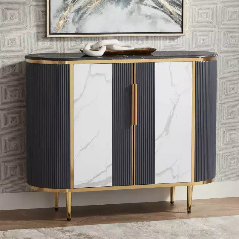 Modern White Gray Oval Console Table 39.5" with Storage and Marble Tabletop