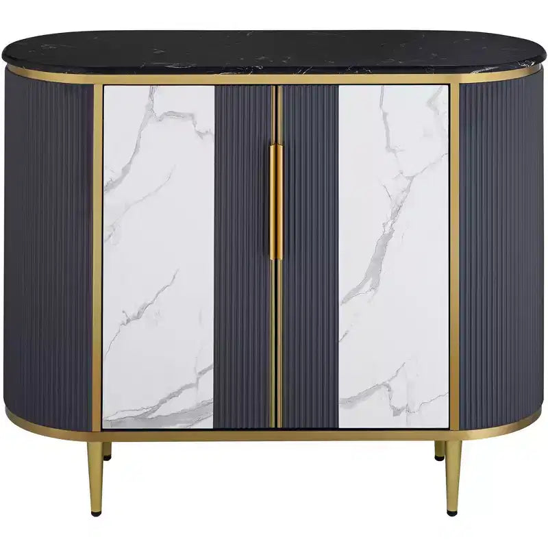 Modern White Gray Oval Console Table 39.5" with Storage and Marble Tabletop