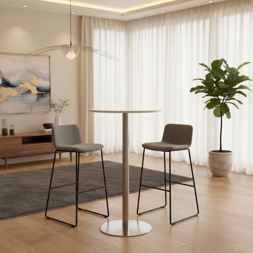 Studio 55D Cookie Modern Brushed Stainless Steel Round Bar Table 25 1/2 Wide Silver White Wood Tabletop for Living Room Kitchen