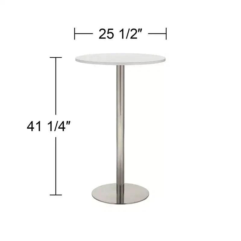 Modern Round Bar Table, Brushed Stainless Steel Base, White Wood Tabletop, 25.5" Wide