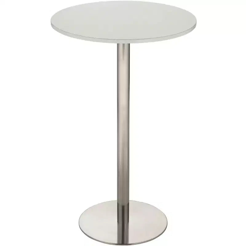 Modern Round Bar Table, Brushed Stainless Steel Base, White Wood Tabletop, 25.5" Wide