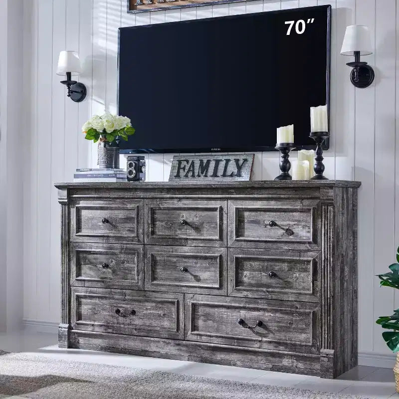 8-Drawer Farmhouse Dresser, 61" Wide with Roman Column Accents