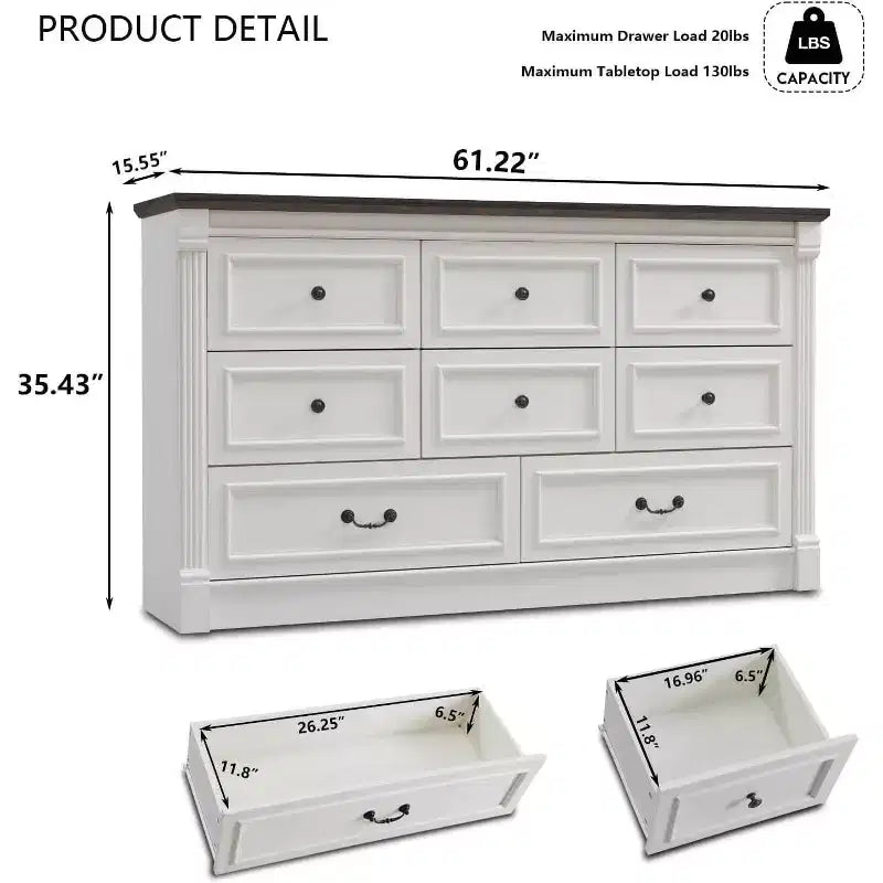 8-Drawer Farmhouse Dresser, 61" Wide with Roman Column Accents
