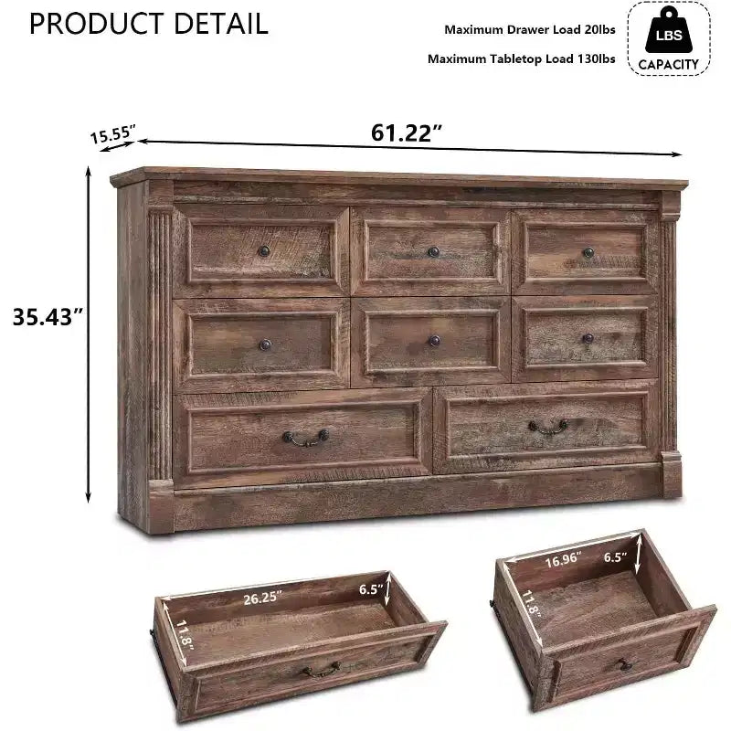 8-Drawer Farmhouse Dresser, 61" Wide with Roman Column Accents