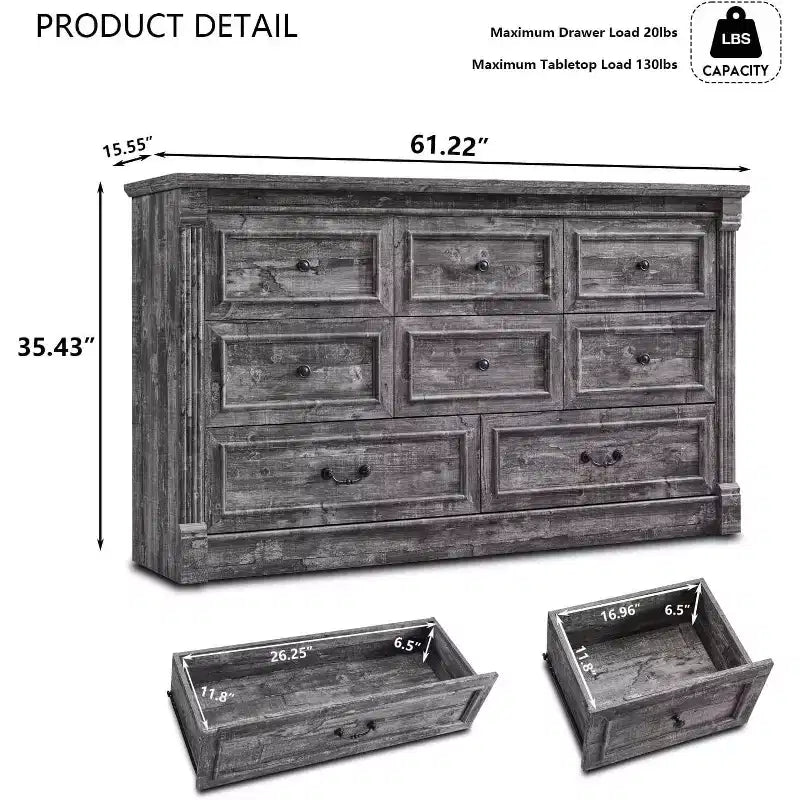 8-Drawer Farmhouse Dresser, 61" Wide with Roman Column Accents