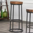 Tabouret de bar sans dossier de 76 cm, assise en bois recyclé avec cadre en fer, marron/noir